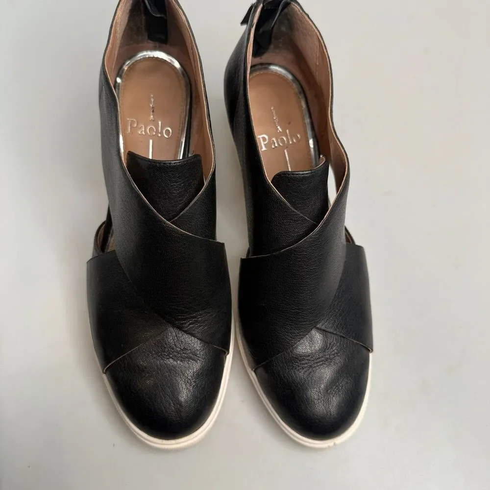 Linea Paolo Freshton Women's 7.5 Black Leather Wedge Sneaker Boots EUC
